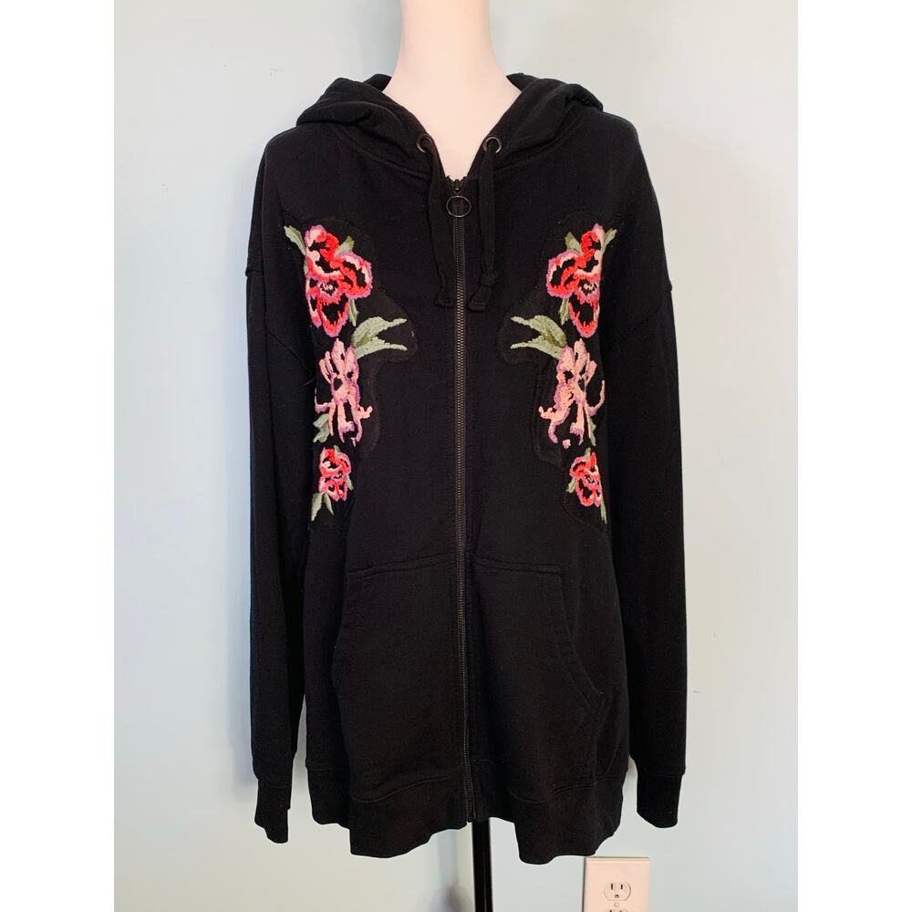 Sanctuary Black Floral Embroidered Hooded Sweatshirt Size L - Picture 2 of 9